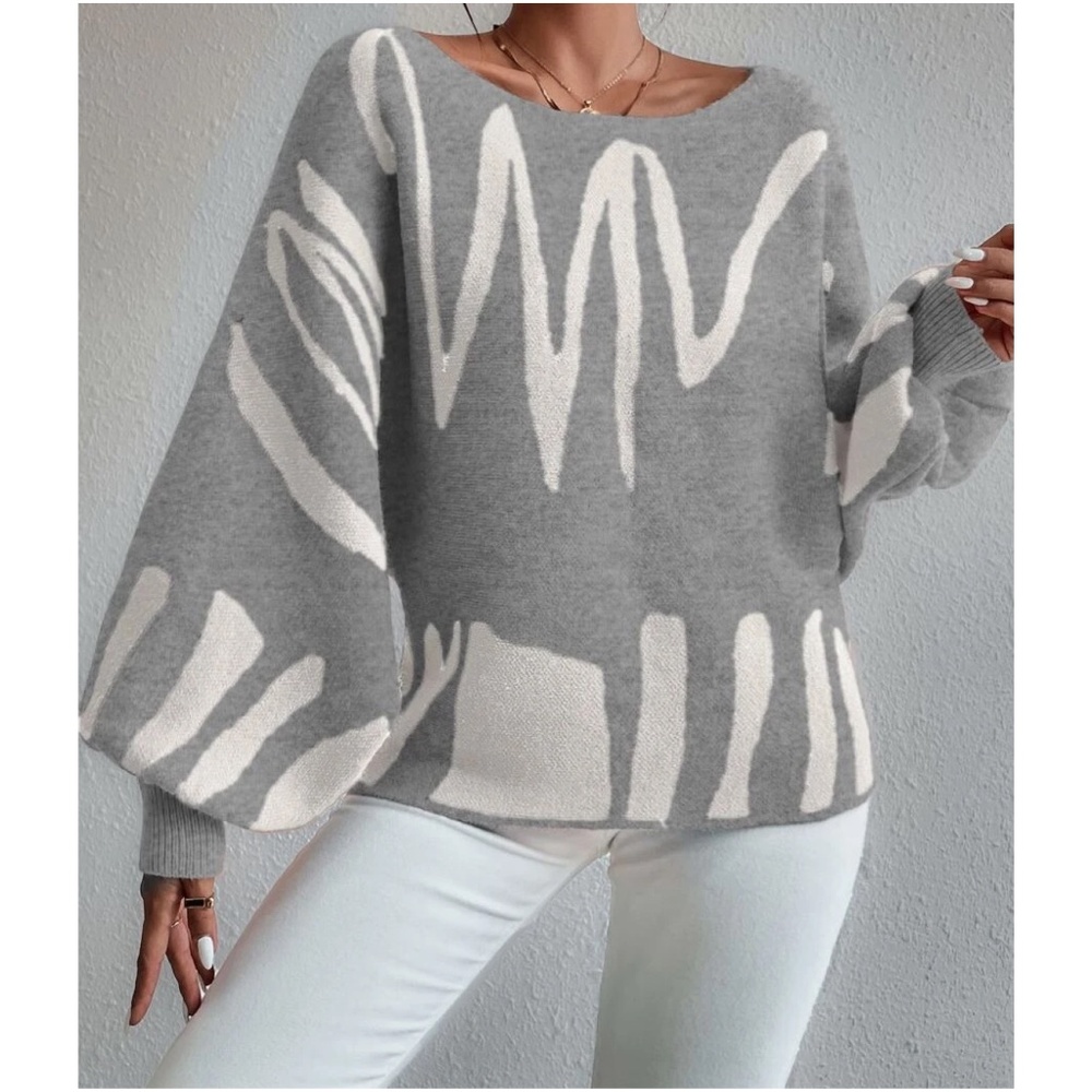 Cozy Print Balloon Sleeve Sweater Top - Picture 3 of 11